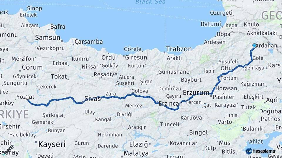 Ardahan Sorgun Yozgat Arası Kaç Km - Yol Haritası