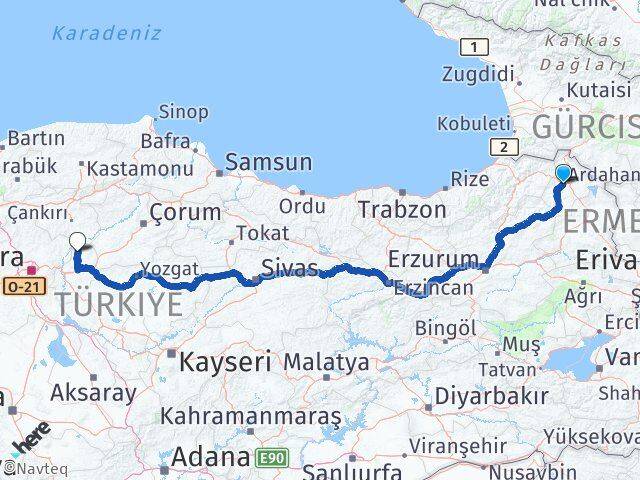 Ardahan Sulakyurt Kırıkkale Arası Kaç Km - Yol Haritası
