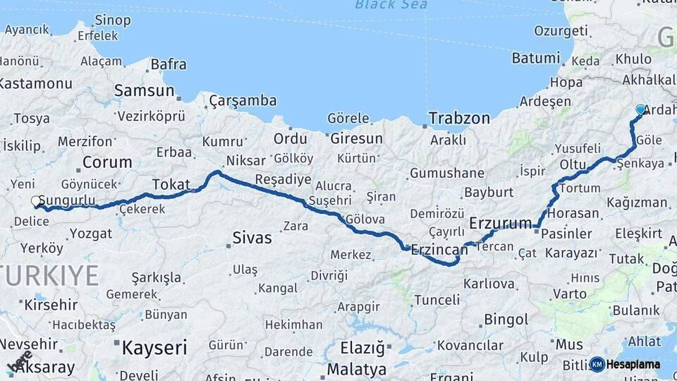 Ardahan Sungurlu Çorum Arası Kaç Km - Yol Haritası