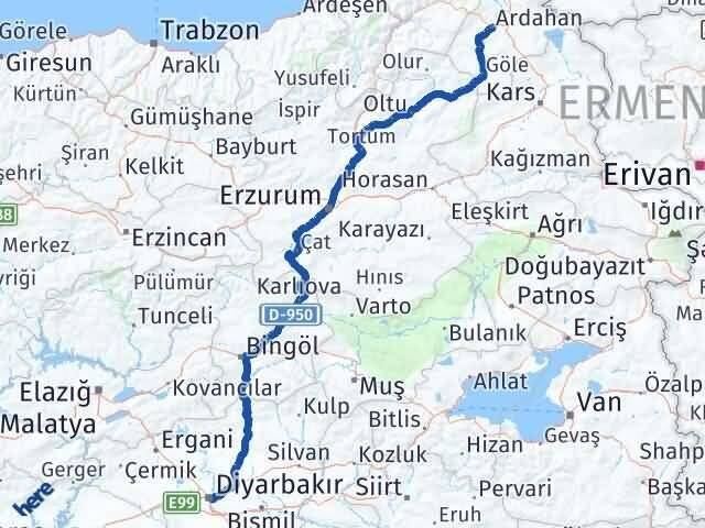 Ardahan Sur Diyarbakır Arası Kaç Km - Yol Haritası