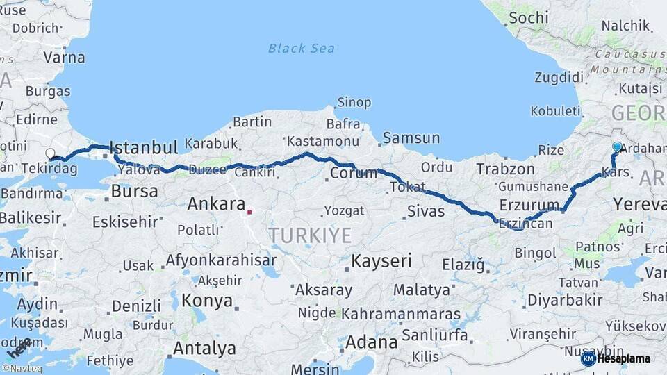 Ardahan Tekirdağ Arası Kaç Km - Yol Haritası