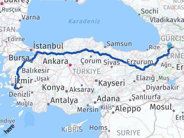 Ardahan Tire İzmir Arası Kaç Km - Yol Haritası