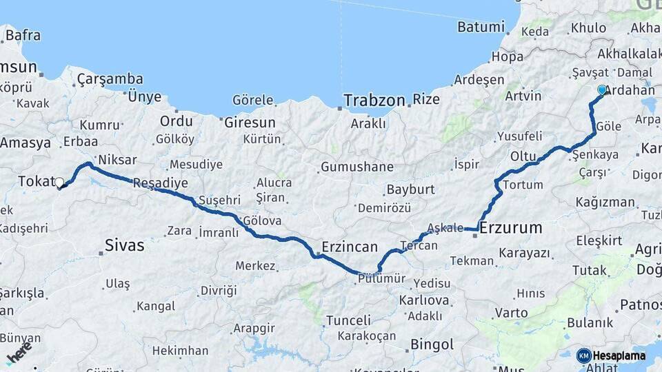 Ardahan Tokat Arası Kaç Km - Yol Haritası