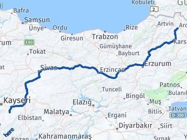 Ardahan Tomarza Kayseri Arası Kaç Km - Yol Haritası