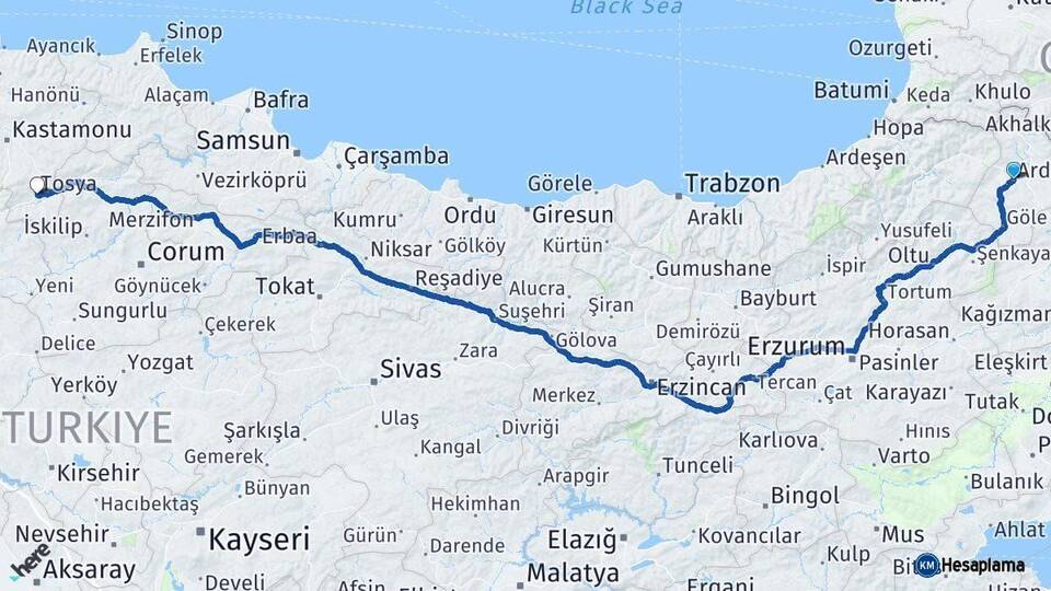 Ardahan Tosya Kastamonu Arası Kaç Km - Yol Haritası