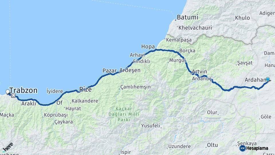 Ardahan Trabzon Arası Kaç Km - Yol Haritası