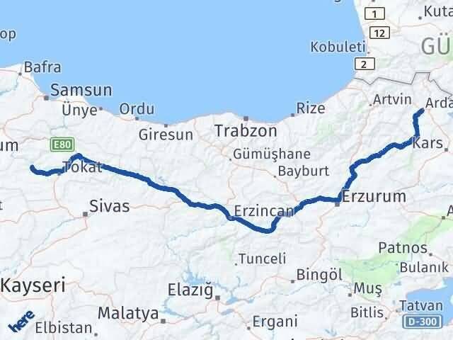 Ardahan Turhal Tokat Arası Kaç Km - Yol Haritası