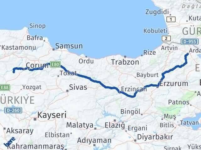Ardahan Uğurludağ Çorum Arası Kaç Km - Yol Haritası