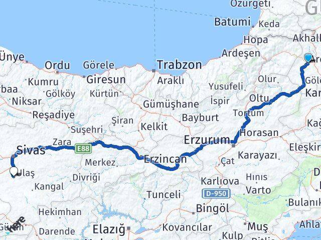 Ardahan Ulaş Sivas Arası Kaç Km - Yol Haritası