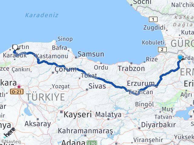 Ardahan Ulus Bartın Arası Kaç Km - Yol Haritası
