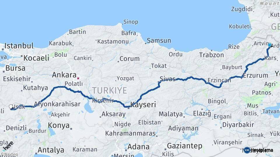 Ardahan Uşak Arası Kaç Km - Yol Haritası