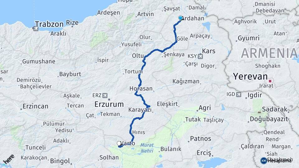 Ardahan Varto Muş Arası Kaç Km - Yol Haritası