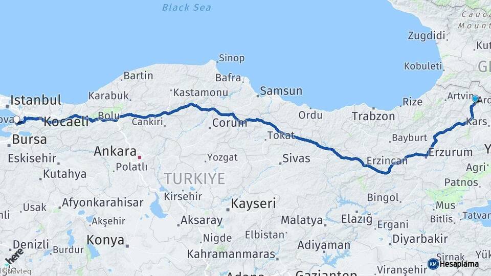Ardahan Yalova Arası Kaç Km - Yol Haritası
