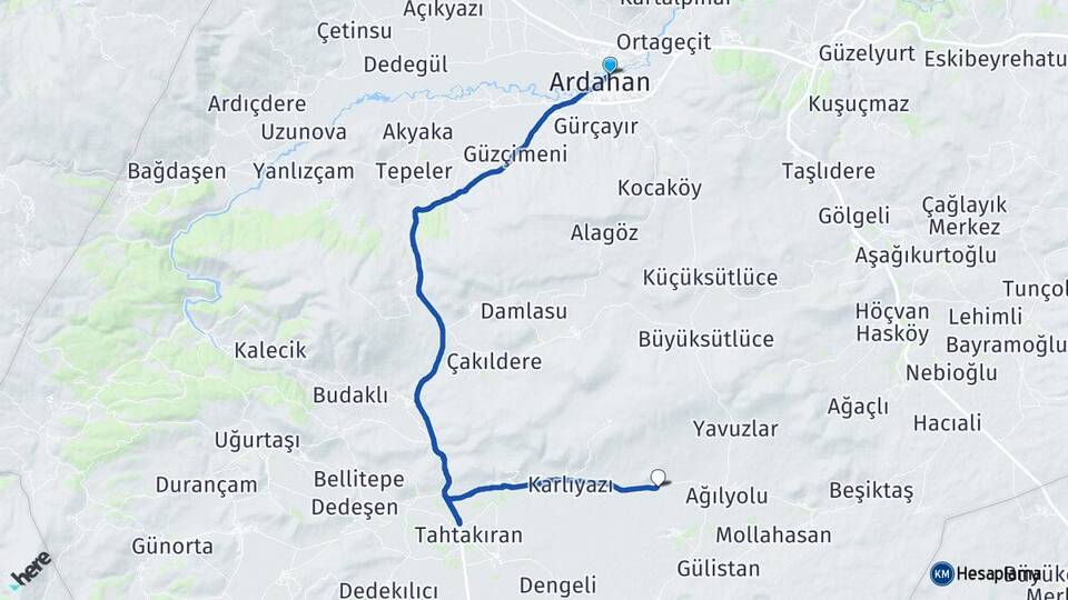 Ardahan Yanatlı Göle Arası Kaç Km - Yol Haritası