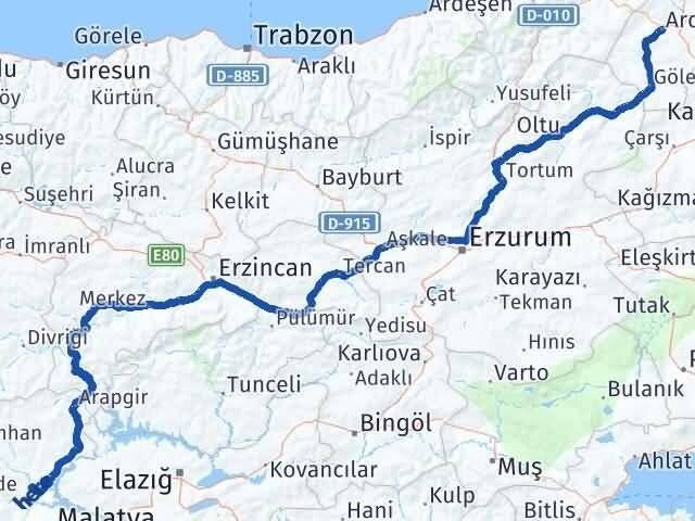 Ardahan Yazıhan Malatya Arası Kaç Km - Yol Haritası