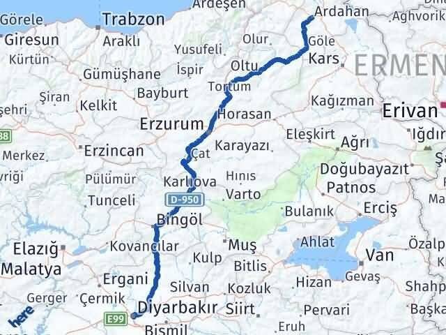 Ardahan Yenişehir Diyarbakır Arası Kaç Km - Yol Haritası