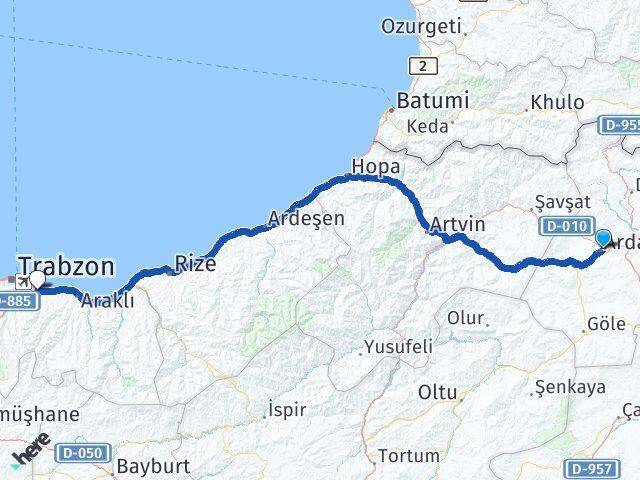 Ardahan Yomra Trabzon Arası Kaç Km - Yol Haritası