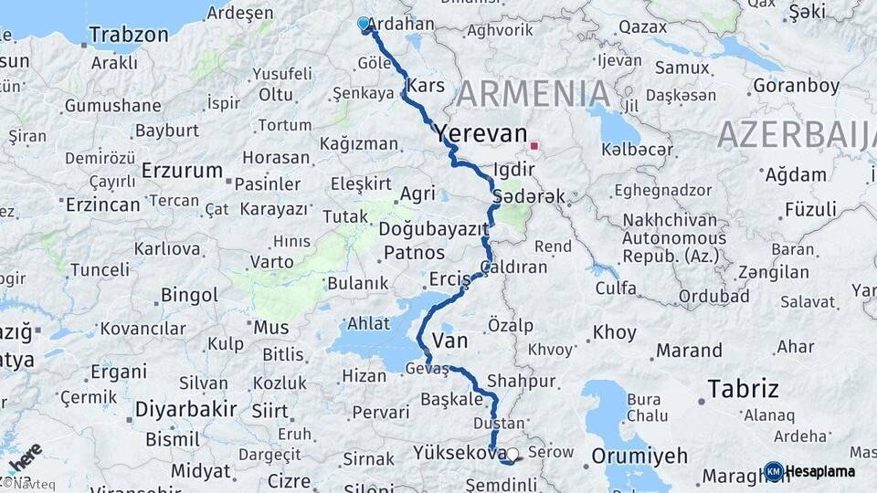 Ardahan Yüksekova Hakkari Arası Kaç Km - Yol Haritası