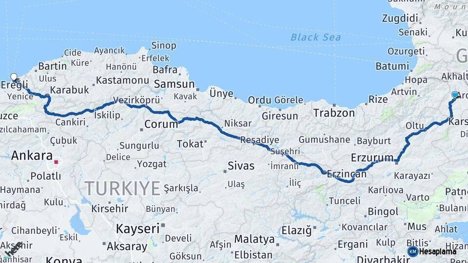 Ardahan Zonguldak Arası Kaç Km - Yol Haritası