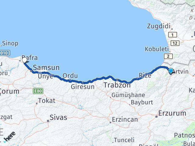 Artvin 19 Mayıs Samsun Arası Kaç Km - Yol Haritası