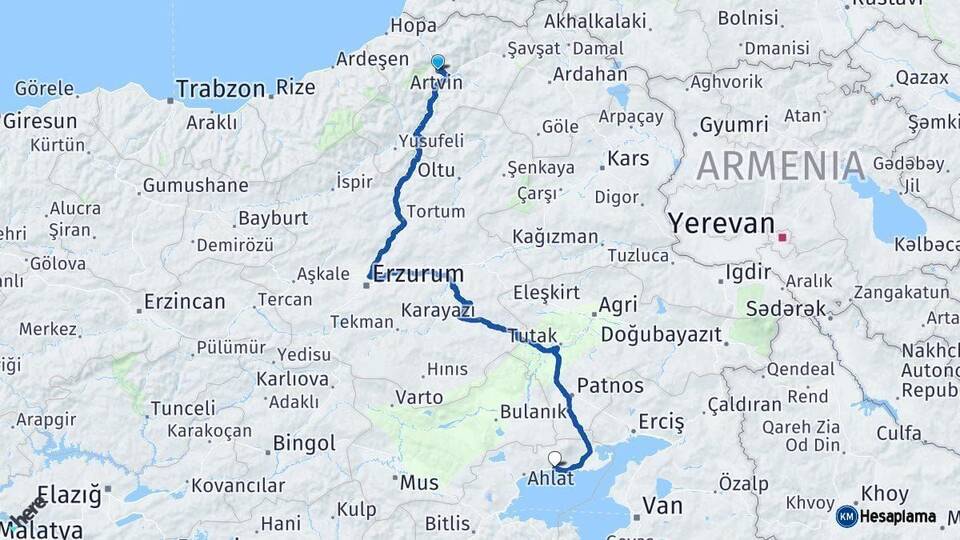Artvin Adilcevaz Bitlis Arası Kaç Km - Yol Haritası