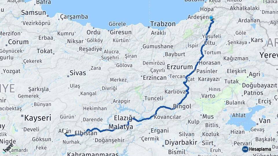 Artvin Afşin Kahramanmaraş Arası Kaç Km - Yol Haritası