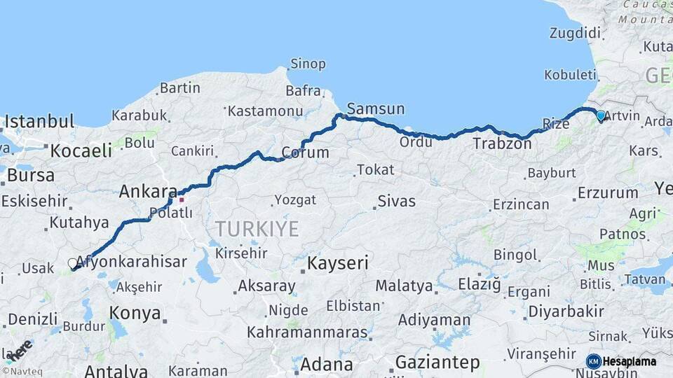 Artvin Afyonkarahisar Arası Kaç Km - Yol Haritası