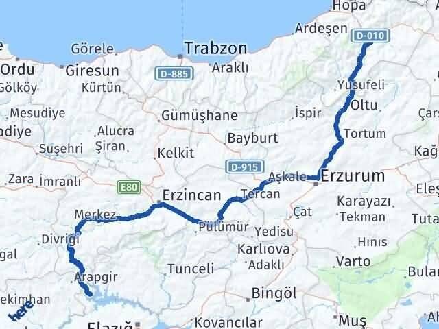 Artvin Ağın Elazığ Arası Kaç Km - Yol Haritası