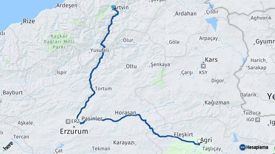 Artvin Ağrı Arası Kaç Km - Yol Haritası