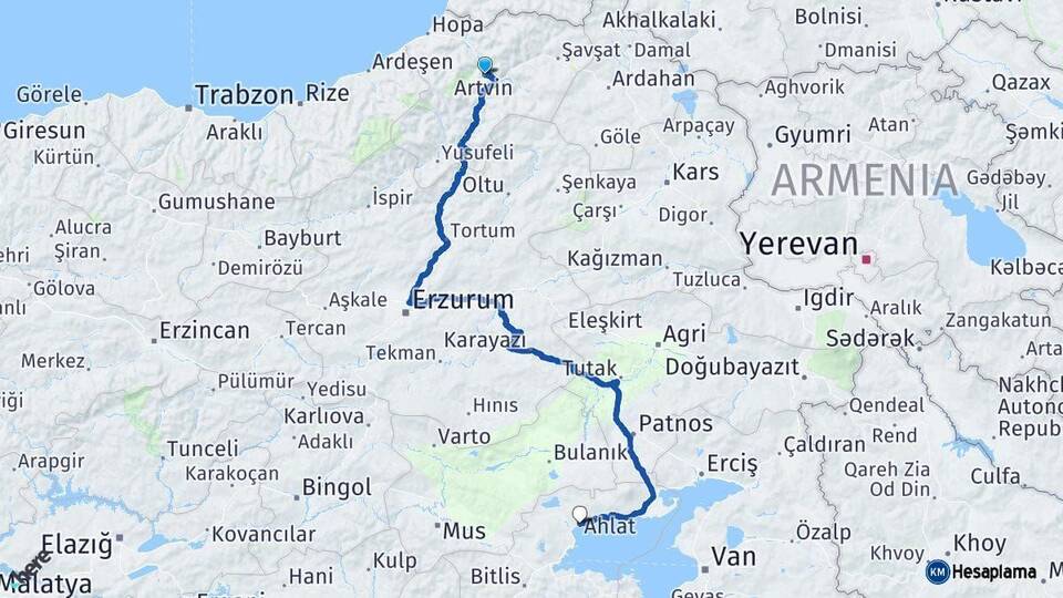 Artvin Ahlat Bitlis Arası Kaç Km - Yol Haritası