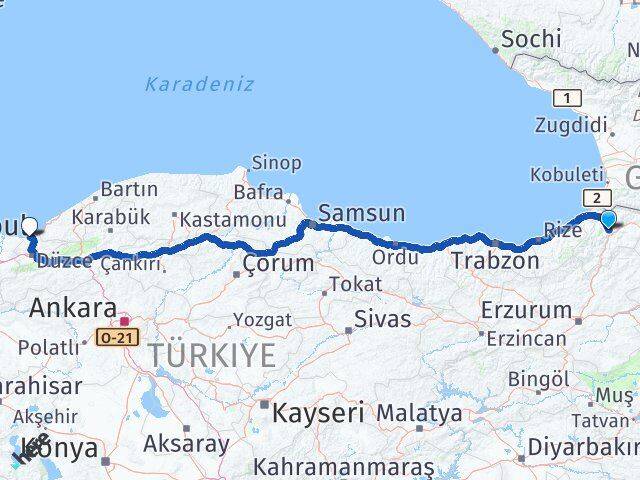 Artvin Akçakoca Düzce Arası Kaç Km - Yol Haritası