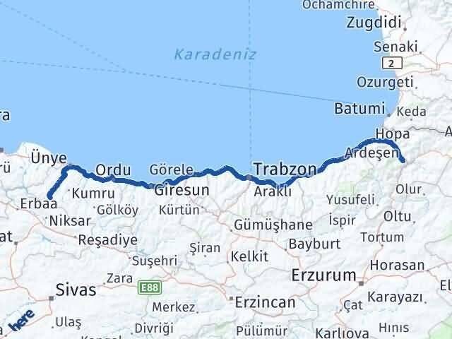 Artvin Akkuş Ordu Arası Kaç Km - Yol Haritası