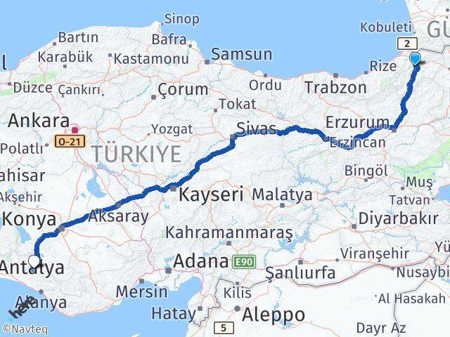 Artvin Akseki Antalya Arası Kaç Km - Yol Haritası