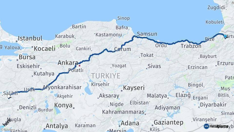 Artvin Alaşehir Manisa Arası Kaç Km - Yol Haritası
