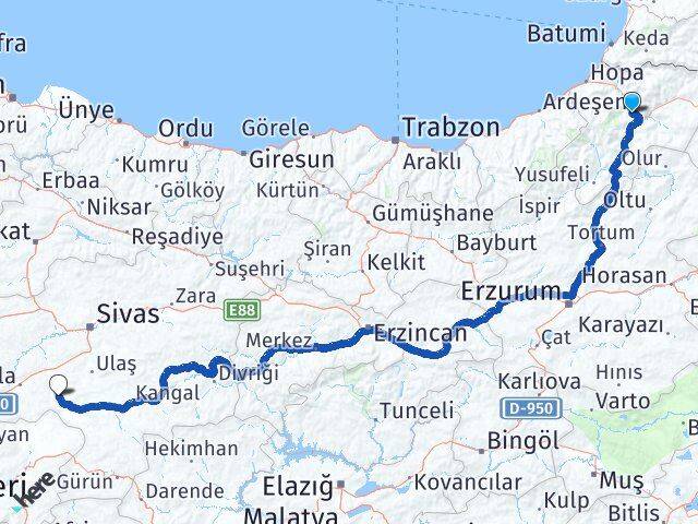 Artvin Altınyayla Sivas Arası Kaç Km - Yol Haritası