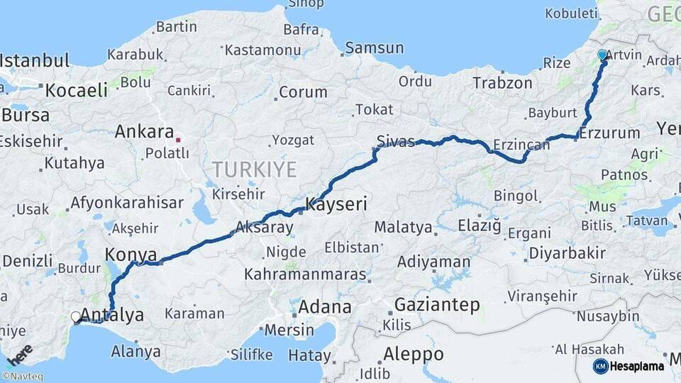 Artvin Antalya Arası Kaç Km - Yol Haritası