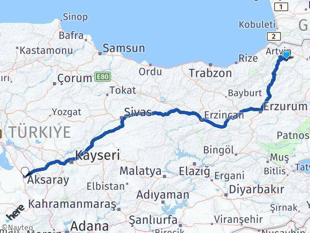 Artvin Ardanuç Aksaray Arası Kaç Km - Yol Haritası