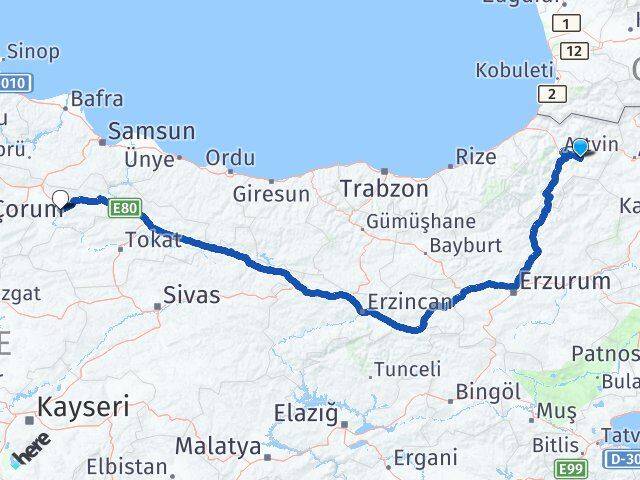 Artvin Ardanuç Amasya Arası Kaç Km - Yol Haritası