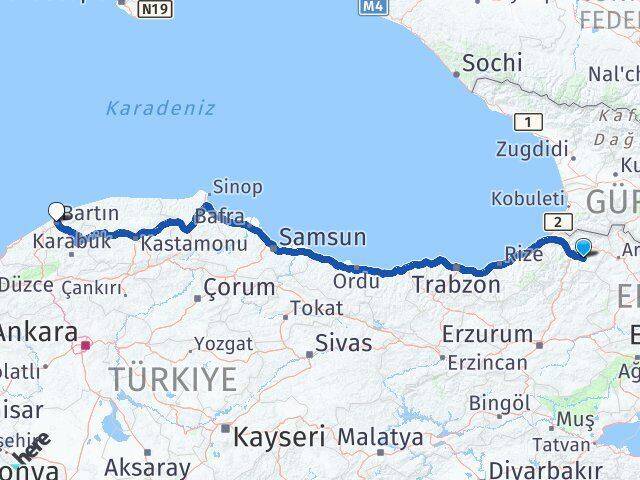 Artvin Ardanuç Bartın Arası Kaç Km - Yol Haritası