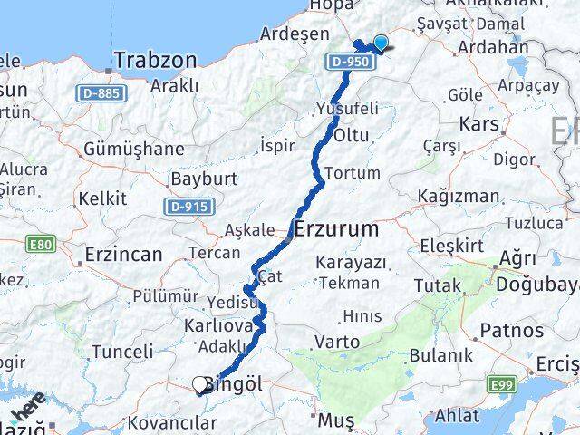 Artvin Ardanuç Bingöl Arası Kaç Km - Yol Haritası
