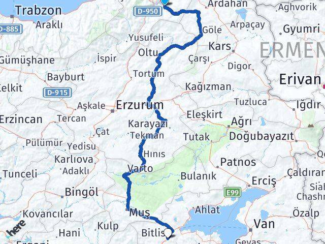 Artvin Ardanuç Bitlis Arası Kaç Km - Yol Haritası
