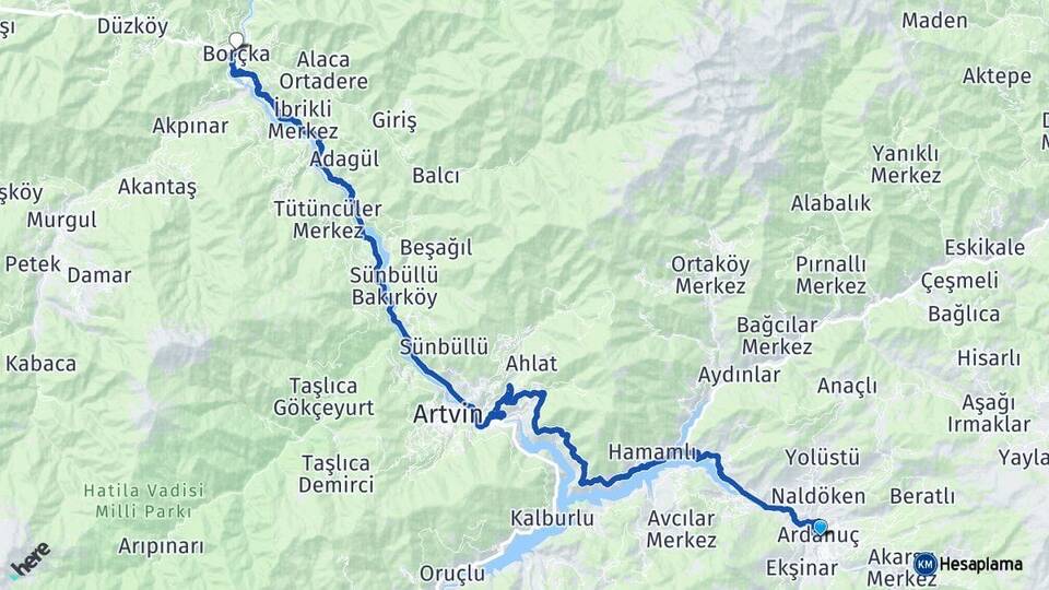 Artvin Ardanuç Borçka Arası Kaç Km - Yol Haritası