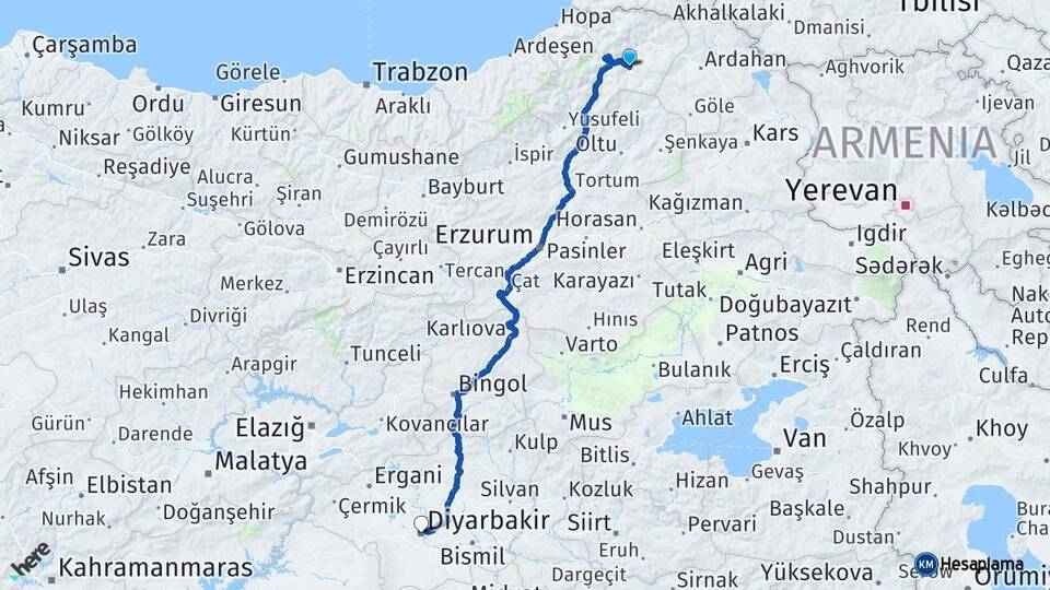 Artvin Ardanuç Diyarbakır Arası Kaç Km - Yol Haritası