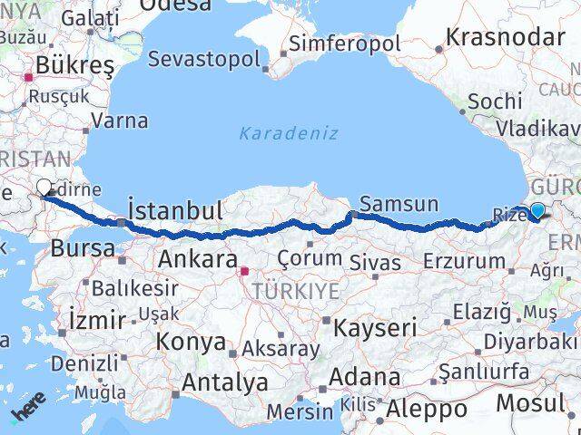 Artvin Ardanuç Edirne Arası Kaç Km - Yol Haritası