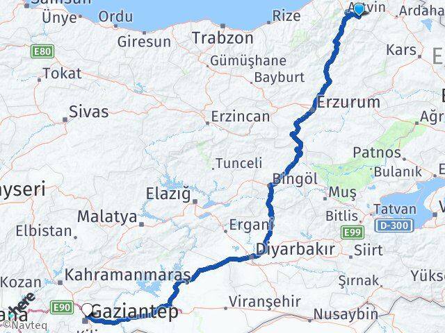 Artvin Ardanuç Gaziantep Arası Kaç Km - Yol Haritası