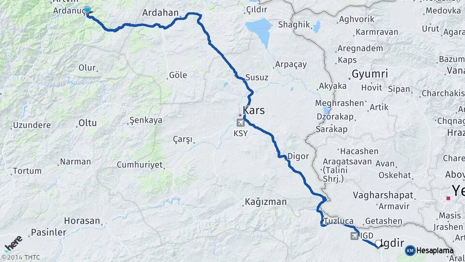 Artvin Ardanuç Iğdır Arası Kaç Km - Yol Haritası
