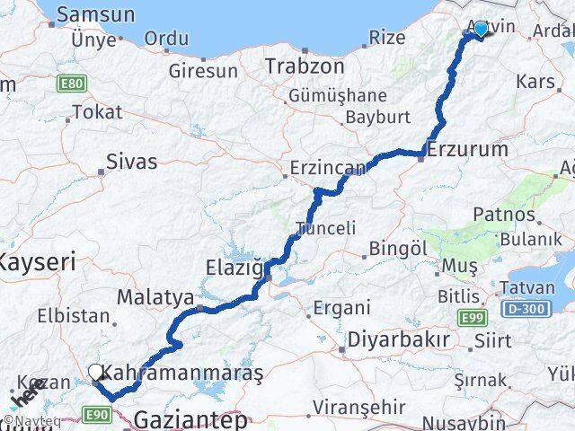Artvin Ardanuç Kahramanmaraş Arası Kaç Km - Yol Haritası