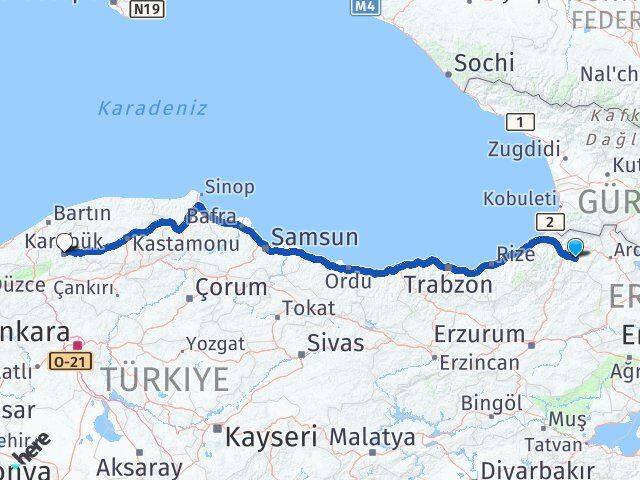 Artvin Ardanuç Karabük Arası Kaç Km - Yol Haritası
