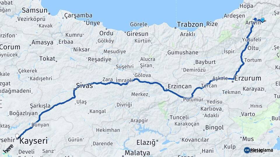 Artvin Ardanuç Kayseri Arası Kaç Km - Yol Haritası