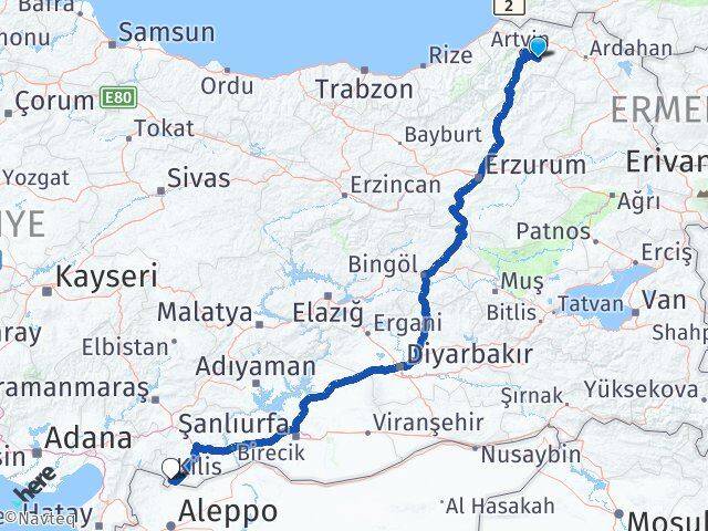 Artvin Ardanuç Kilis Arası Kaç Km - Yol Haritası